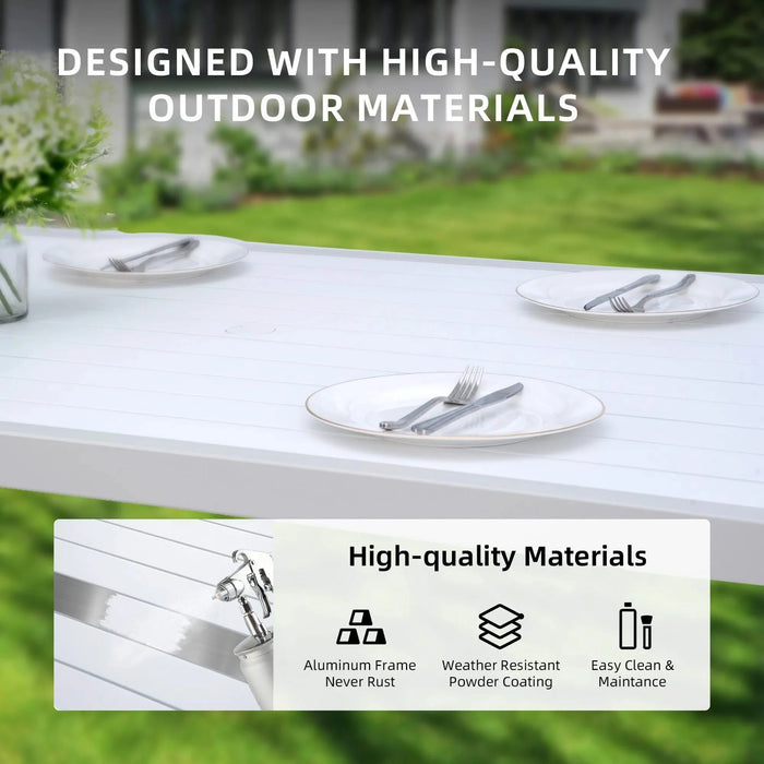 6PC Patio Aluminum Furniture, Modern Dining Set, including 4 Dining Chairs & 1 Dining Bench Sunbrella Fabric Cushioned and Two-tone Table Top Rectangle Table with Umbrella Hole, Matte White & Grayish Default -DTYStore