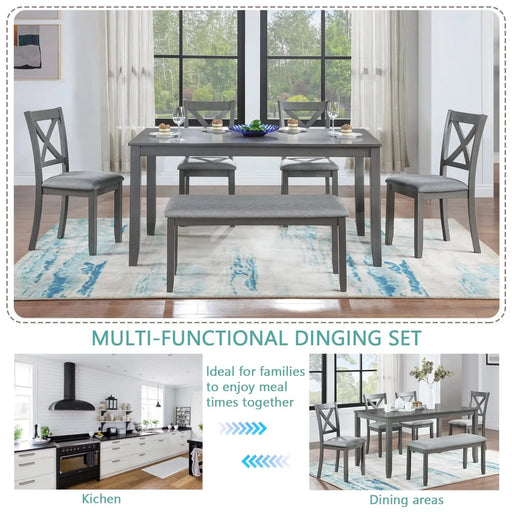6PCs Kitchen Dining Set, Rectangular Wooden Dining Table with 4 Upholstered Chairs and a Bench, Dining Table Set for 6 People, Living Room, Home Bar and Kitchen, Gray Default -DTYStore