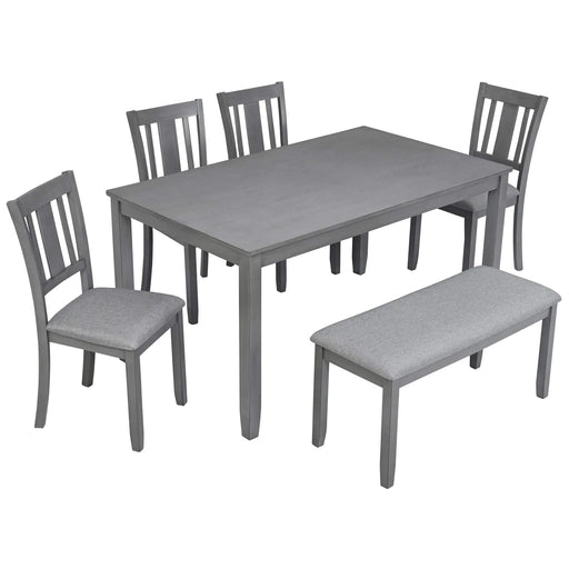 6PCs Kitchen Dining Set, Rectangular Wooden Dining Table with 4 Upholstered Chairs and a Bench, Dining Table Set for 6 People, Living Room, Home Bar and Kitchen, Gray Default -DTYStore
