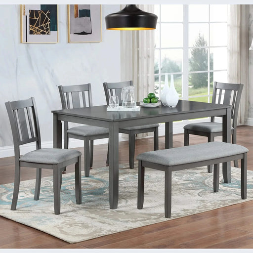 6PCs Kitchen Dining Set, Rectangular Wooden Dining Table with 4 Upholstered Chairs and a Bench, Dining Table Set for 6 People, Living Room, Home Bar and Kitchen, Gray Default -DTYStore