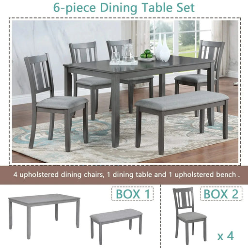 6PCs Kitchen Dining Set, Rectangular Wooden Dining Table with 4 Upholstered Chairs and a Bench, Dining Table Set for 6 People, Living Room, Home Bar and Kitchen, Gray Default -DTYStore