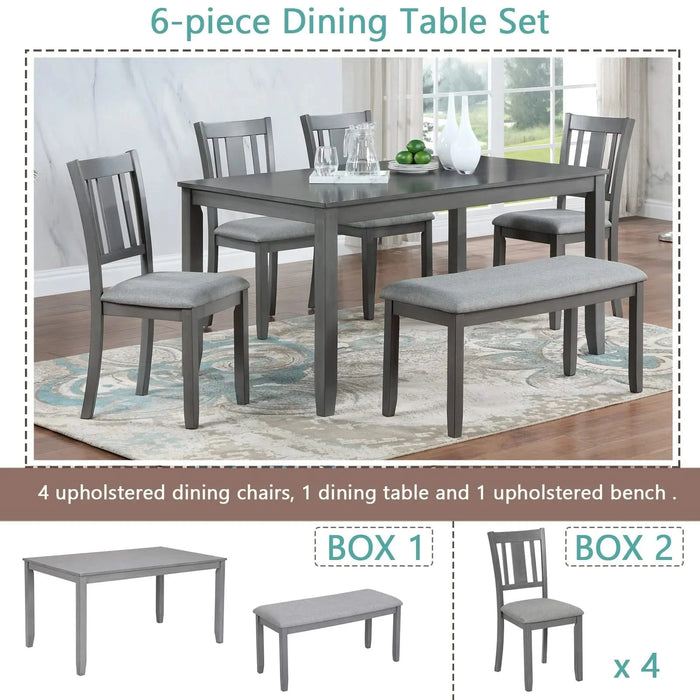6PCs Kitchen Dining Set, Rectangular Wooden Dining Table with 4 Upholstered Chairs and a Bench, Dining Table Set for 6 People, Living Room, Home Bar and Kitchen, Gray Default -DTYStore
