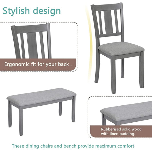 6PCs Kitchen Dining Set, Rectangular Wooden Dining Table with 4 Upholstered Chairs and a Bench, Dining Table Set for 6 People, Living Room, Home Bar and Kitchen, Gray Default -DTYStore