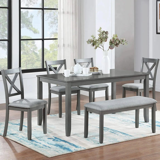 6PCs Kitchen Dining Set, Rectangular Wooden Dining Table with 4 Upholstered Chairs and a Bench, Dining Table Set for 6 People, Living Room, Home Bar and Kitchen, Gray Default -DTYStore