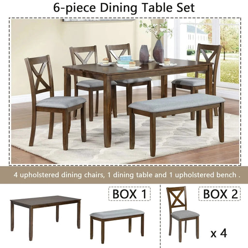 6PCs Kitchen Dining Set, Rectangular Wooden Dining Table with 4 Upholstered Chairs and a Bench, Dining Table Set for 6 People, Living Room, Home Bar and Kitchen, Walnut Default -DTYStore
