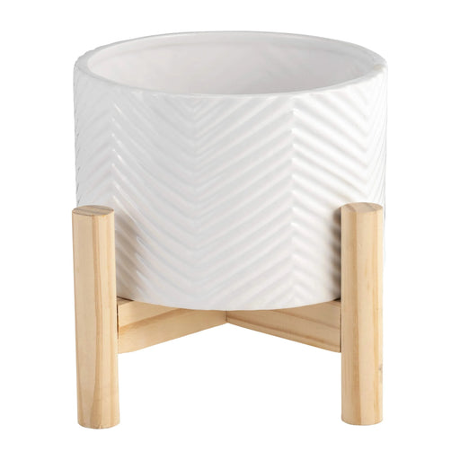 6' CERAMIC CHEVRON PLANTER W/ WOOD STAND, WHITE Default -DTYStore
