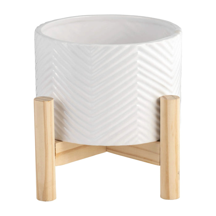 6' CERAMIC CHEVRON PLANTER W/ WOOD STAND, WHITE Default -DTYStore
