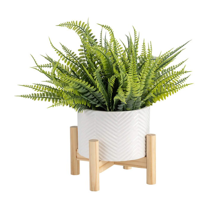 6' CERAMIC CHEVRON PLANTER W/ WOOD STAND, WHITE Default -DTYStore