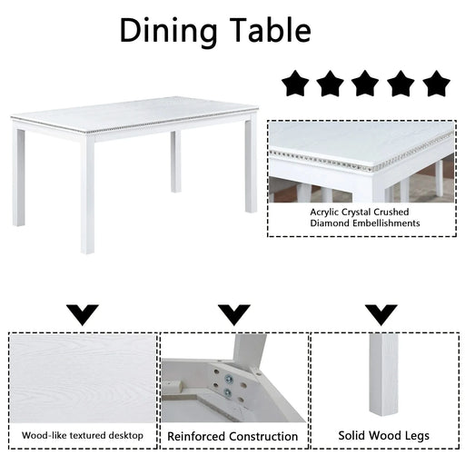 6 Piece Wooden Dining Table Set, Wooden Dining Table with 4 Upholstered Chairs and Bench for 6 People, Rectangular Dining Table Set with Crystal Decoration for Kitchen, Dining Room, White Default -DTYStore