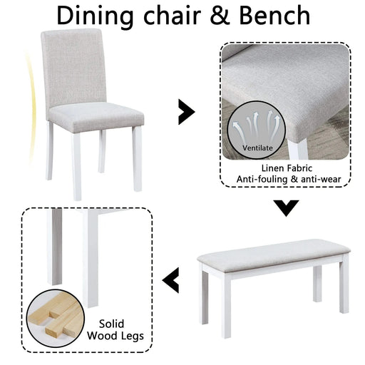 6 Piece Wooden Dining Table Set, Wooden Dining Table with 4 Upholstered Chairs and Bench for 6 People, Rectangular Dining Table Set with Crystal Decoration for Kitchen, Dining Room, White Default -DTYStore