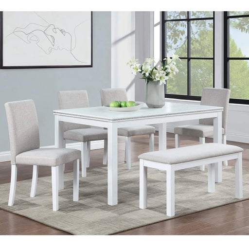 6 Piece Wooden Dining Table Set, Wooden Dining Table with 4 Upholstered Chairs and Bench for 6 People, Rectangular Dining Table Set with Crystal Decoration for Kitchen, Dining Room, White Default -DTYStore