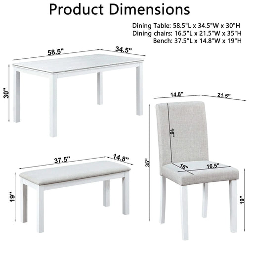 6 Piece Wooden Dining Table Set, Wooden Dining Table with 4 Upholstered Chairs and Bench for 6 People, Rectangular Dining Table Set with Crystal Decoration for Kitchen, Dining Room, White Default -DTYStore