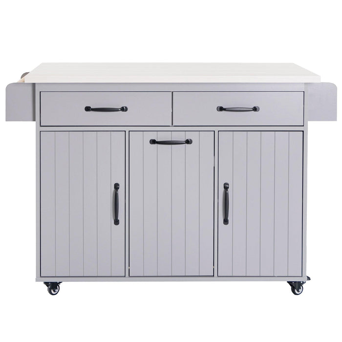 Kitchen Island with Trash Can Storage Cabinet, Kitchen Cart with Drop Leaf, Spice Rack, Towel Rack and Drawer, Rolling Kitchen Island on Wheels with Adjustable Shelf, Grey - DTYStore