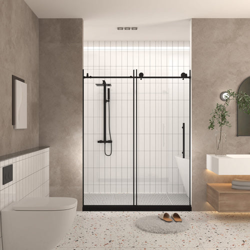 Frameless shower door 56-60 'W x 76' H, 1/4 '(6 mm) Clear Tempered Glass, Explosion Proof Film, Stainless Steel Handle, Matte Black - Image 9