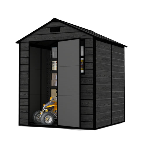 Campcraft 6*6ft resin storage shed, high quality pp material, strong structure, waterproof, rust and UV proof, large storage space, 12mm thick pp board, HD window lighting Black wood grain color - Image 22