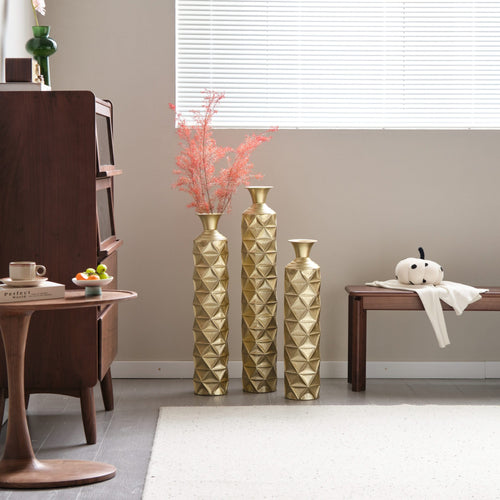 Metal Decorative Vase High Distress Metal Center Vase With 3D Triangle Pattern, Set Of 3 Vases for Home Decoration 33.5', 29.5', 25.2'High, Gold - Image 7