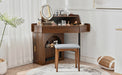 Corner Makeup Vanity Desk With Mirror & LED Lights, Modern Vanity Set With Mirror And Stool, Dressing Table With Large Storage For Small Place, Brightness Adjustable Folding Mirror, Walnut - DTYStore
