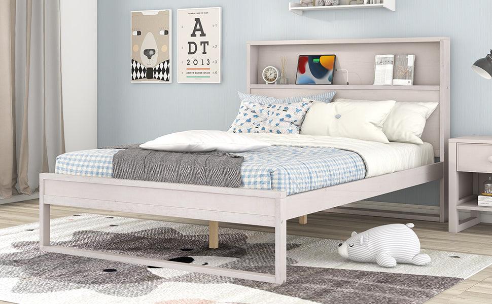 Platform Bed with Storage Headboard,Sockets and USB Ports,Full Size Platform Bed,Antique White - DTYStore