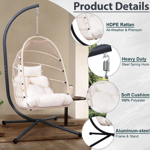 Outdoor Egg Hanging Chair with Stand, Patio Wicker Swing Egg Chair Indoor Swinging Chair Outdoor Hammock Egg Chair Off-white - Image 6