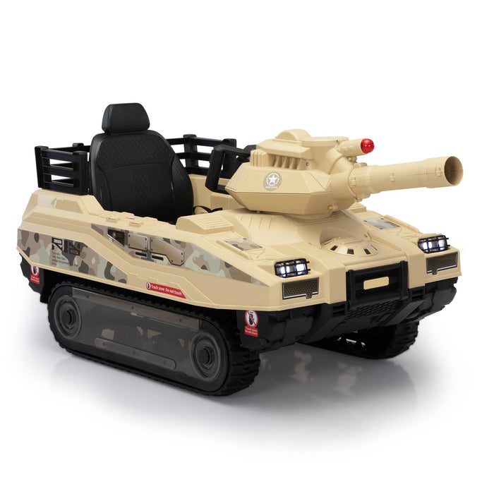 Ride On Tank 24V Thunder Tank Car with Fighting Cannon and Rotating Turret, Remote Control, Lights, Music, Military Battery Powered Truck Toy Gift for Boys Girls, 3-8 Years Old, Desert Yellow - DTYStore