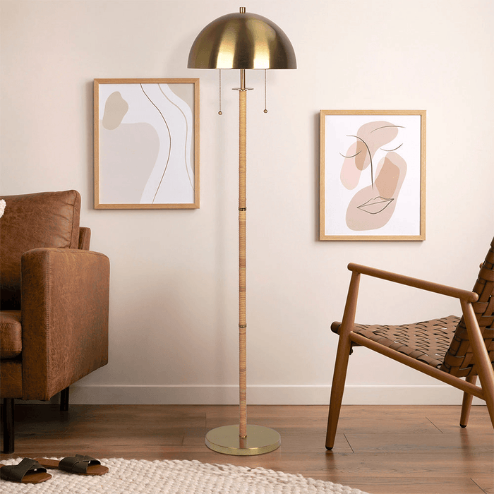 Allure 2-Light Floor Lamp, Gold Brass, Natural Rattan Tube , Double On/Off Pull Chain - DTYStore