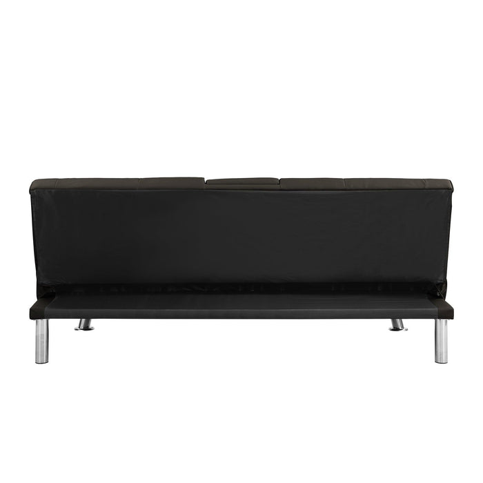 Sofa Bed with Armrest two holders WOOD FRAME, STAINLESS LEG, FUTON BROWN PVC,DARK BROWN - DTYStore