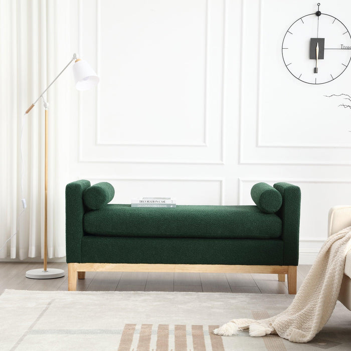 53.5"W Elegant Upholstered Bench, Ottoman with Wood Legs & Bolster Pillows for End of Bed, Bedroom, Living Room, Entryway, Green - DTYStore