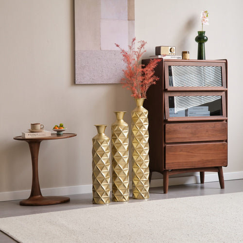 Metal Decorative Vase High Distress Metal Center Vase With 3D Triangle Pattern, Set Of 3 Vases for Home Decoration 33.5', 29.5', 25.2'High, Gold - Image 15