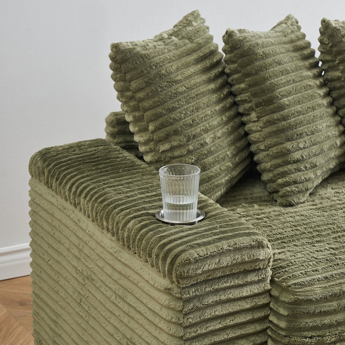 111.4-inch green corduroy sofa with cup holders and lockers on the armrests and a reversible chaise lounge (which can be swapped left and right) is suitable for living rooms and bedrooms.