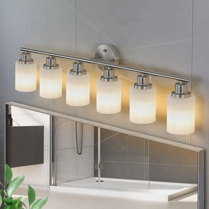 Modern 6-Light Vanity Wall Sconce, Brushed Nickel Finish with Frosted Glass Shades for Bathroom or Hallway Lighting (No Bulbs) - DTYStore
