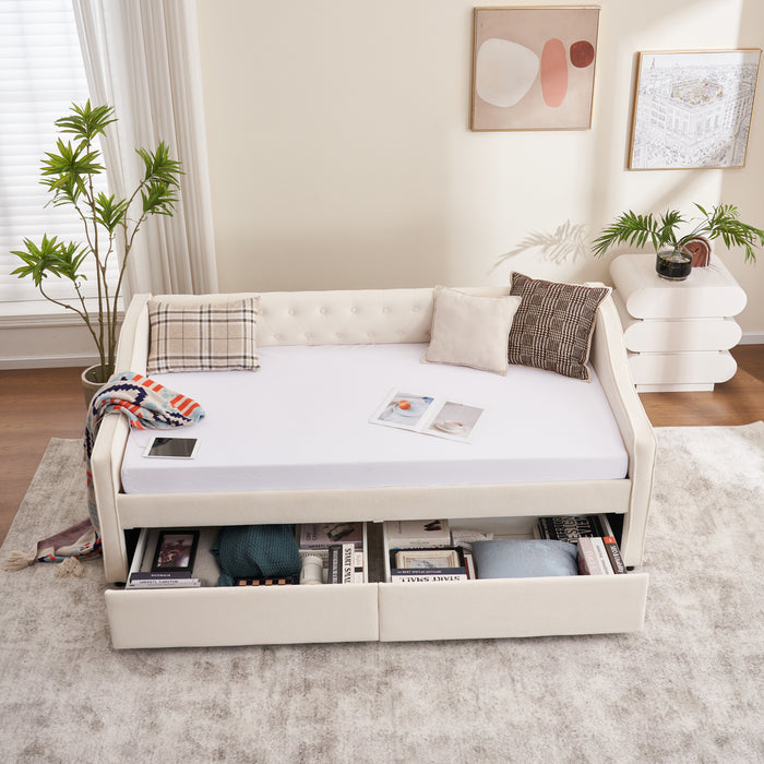 Twin Size Upholstered Daybed with Storage Drawers, Solid Wood Sofábed Bed Frame with Velvet Fabric & Wood Slat Support for Bedroom, Living Room, Office,Beige