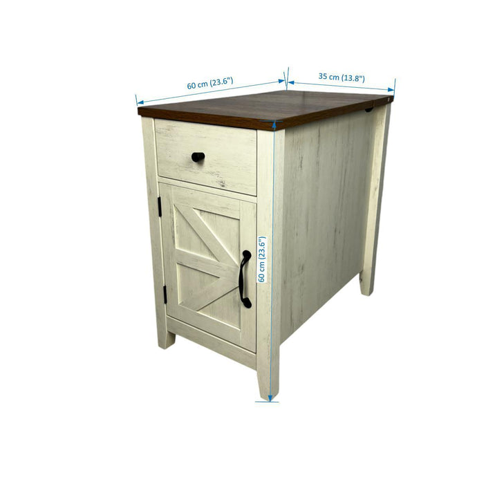 Farmhouse End Table with Charging Station,Night Stand with Barn Door and Drawer, Storage for Bedroom Living Room ,Bedside Table, Bedside Table Brown+white color