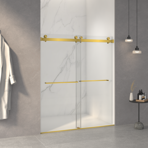 56-60'W x 70'H Frameless Double Sliding Shower Door,5/16' (8mm) Thick SGCC Tempered Clear Glass,Double Side Easy Clean Coat,Brushed Gold Finished With Buffer - Image 3