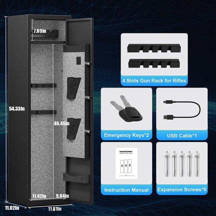 High-Security Steel Rifle Cabinet - 4-5 Gun Capacity, Electronic Lock, Solid Bolts, Dual Alarms, Silent Operation, LED Lighting - DTYStore