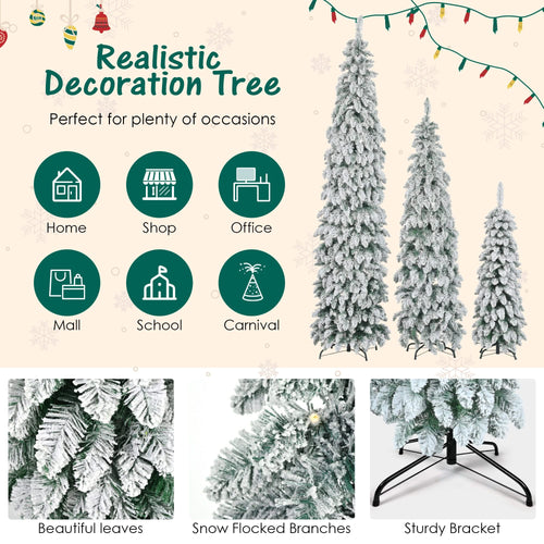 8FT, 6FT, 4FT Pre-Lit Pencil Christmas Trees, 3-set Slim Artificial Christmas Tree With Snow Flocking, Xmas Holiday Decoration Tree, 1455 Branch Tips, 520 LED Lights, 11 Lighting Modes - Image 4
