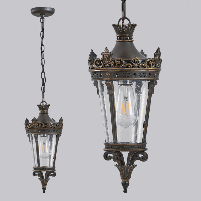 Antique Crown Outdoor Hanging Lantern, Waterproof Vintage Pendant Light with Ornate Metal Design and Clear Glass for Patio, Garden, Porch, Entryway Lighting (One piece&No bulb) - DTYStore