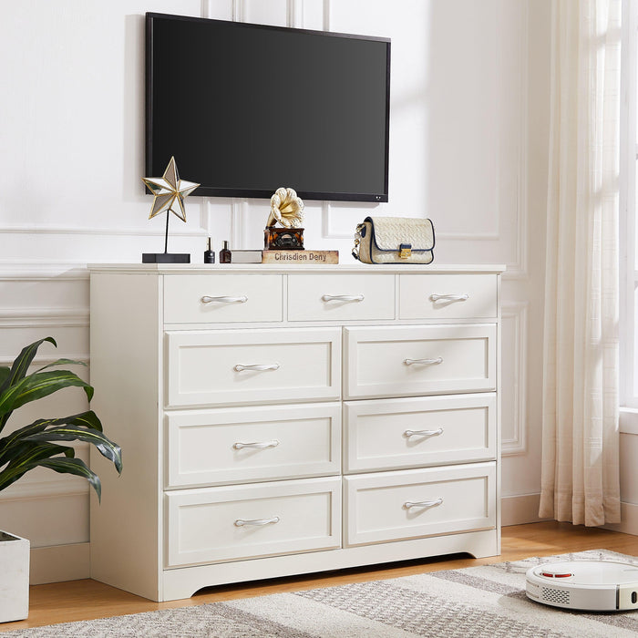 Bedroom dresser, 9 drawer long dresser with antique handles, wood chest of drawers for kids room, living room, entry and hallway, White, 47.56''W x 15.75''D x 34.45''H. - DTYStore