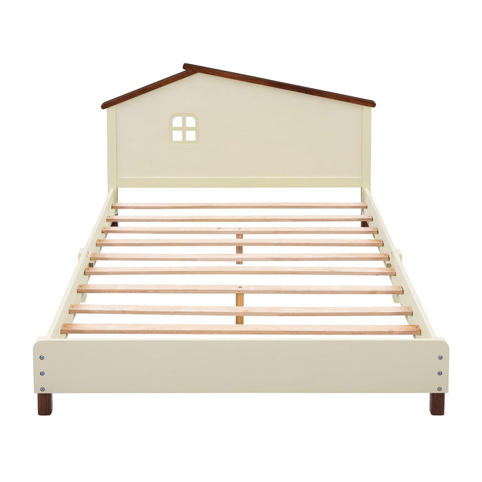 Full Size Wood Platform Bed with House-shaped Headboard (Cream+Walnut) - DTYStore