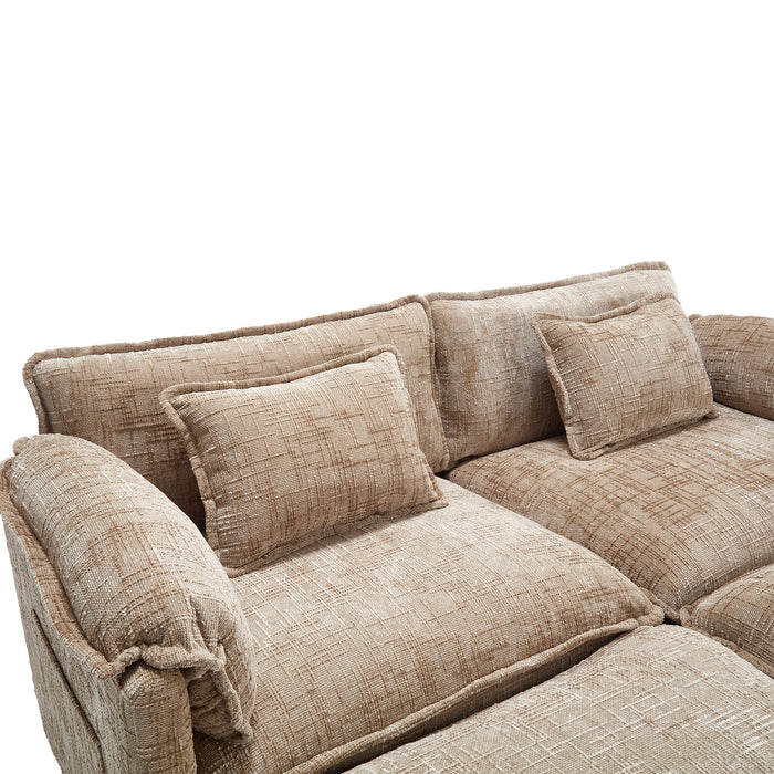 UNITED WE WIN Chenille fabric, solid construction, the overall structure of the sofa is stable, detachable armrests, two foot stools and two-seat sofa with side pockets