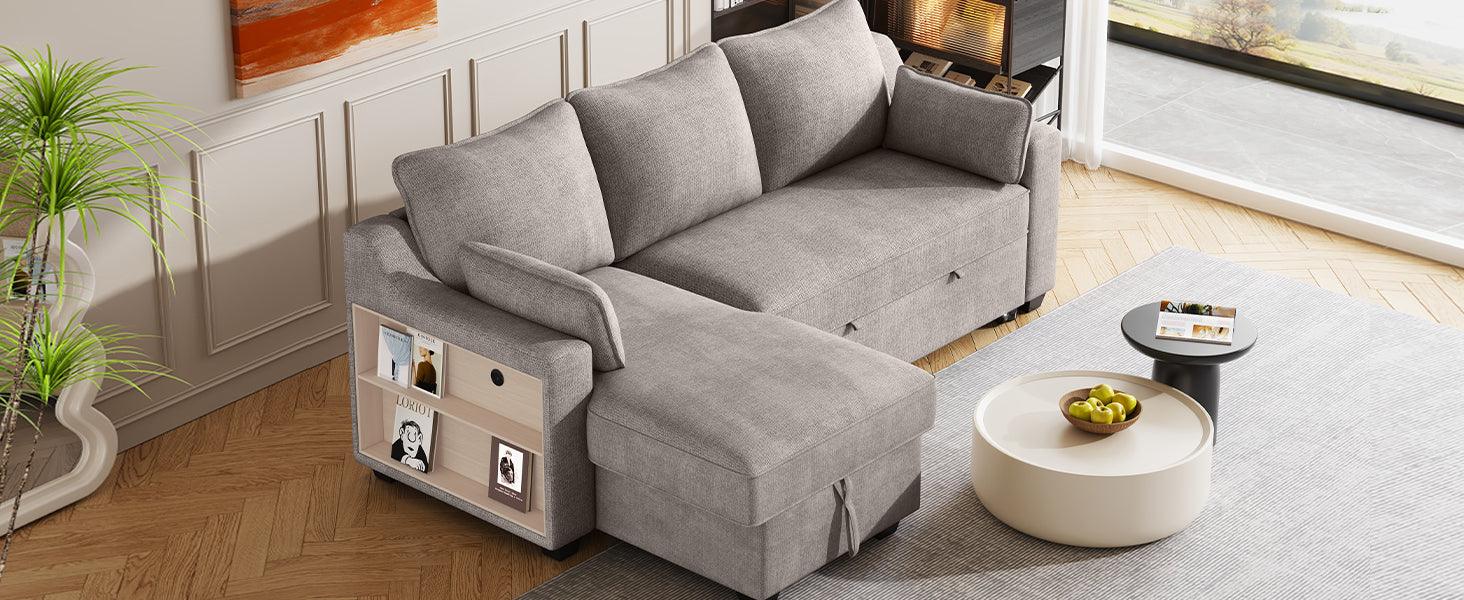 90" Pull Out Sleeper Sofa L-Shaped Couch Convertible Sofa Bed with Storage Chaise, Storage Racks and USB Ports, Light Brown - DTYStore