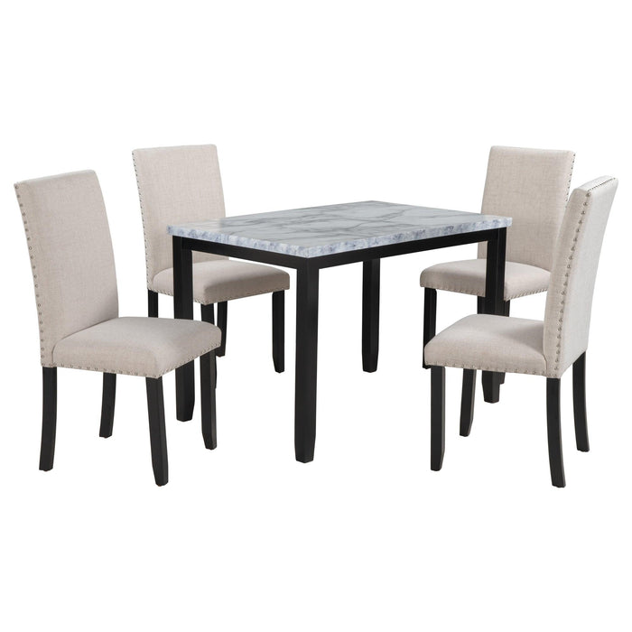 Faux Marble 5-Piece Dining Set Table with 4 Thicken Cushion Dining Chairs Home Furniture, White/Beige+Black - DTYStore