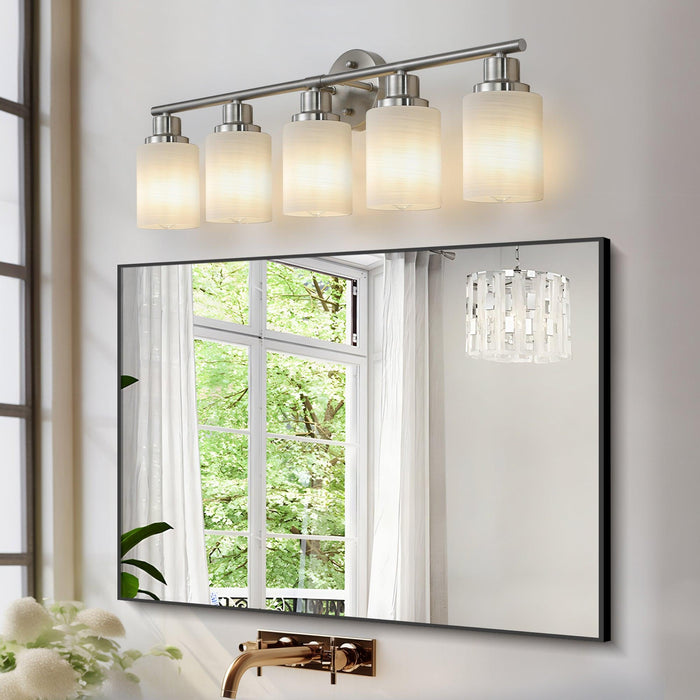 Modern 5-Light Vanity Wall Sconce, Brushed Nickel Finish with Frosted Glass Shades for Bathroom or Hallway Lighting (No Bulbs) - DTYStore