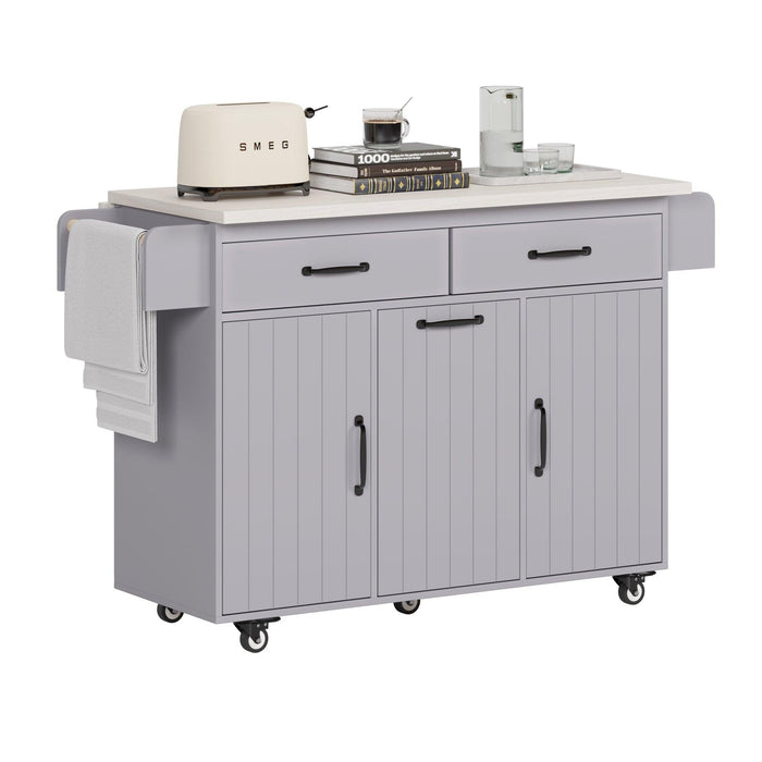 Kitchen Island with Trash Can Storage Cabinet, Kitchen Cart with Drop Leaf, Spice Rack, Towel Rack and Drawer, Rolling Kitchen Island on Wheels with Adjustable Shelf, Grey - DTYStore