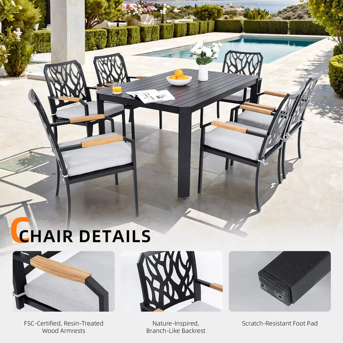 7-PC Outdoor Patio Aluminum Furniture Set, Modern Dining Set with 6 Dining Chairs Sunbrella Fabric Cushioned, Nature-Inspired Branch-Like Backrest, Rectangular Table with Umbrella Hole, Bourbon Brown Default -DTYStore