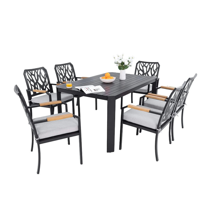 7-PC Outdoor Patio Aluminum Furniture Set, Modern Dining Set with 6 Dining Chairs Sunbrella Fabric Cushioned, Nature-Inspired Branch-Like Backrest, Rectangular Table with Umbrella Hole, Bourbon Brown Default -DTYStore