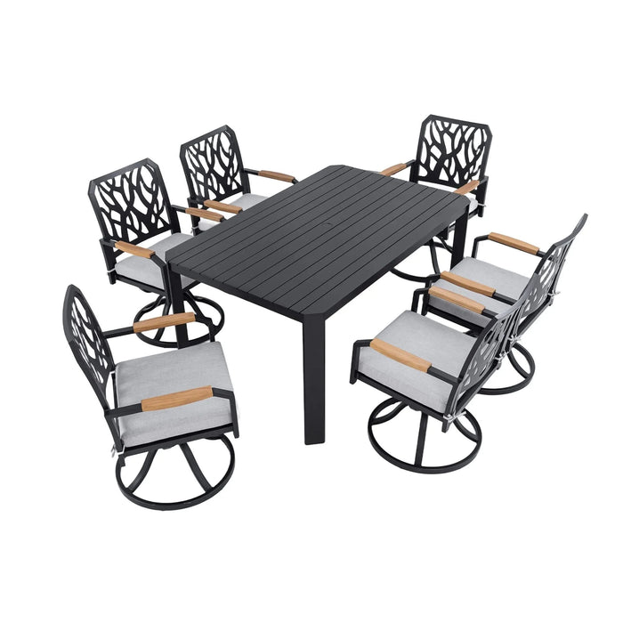7-PC Outdoor Patio Aluminum Furniture Set, Modern Dining Set with 6 Swivel Rockers Sunbrella Fabric Cushioned, Nature-Inspired Branch-Like Backrest, Rectangular Table with Umbrella Hole, Bourbon Brown Default -DTYStore