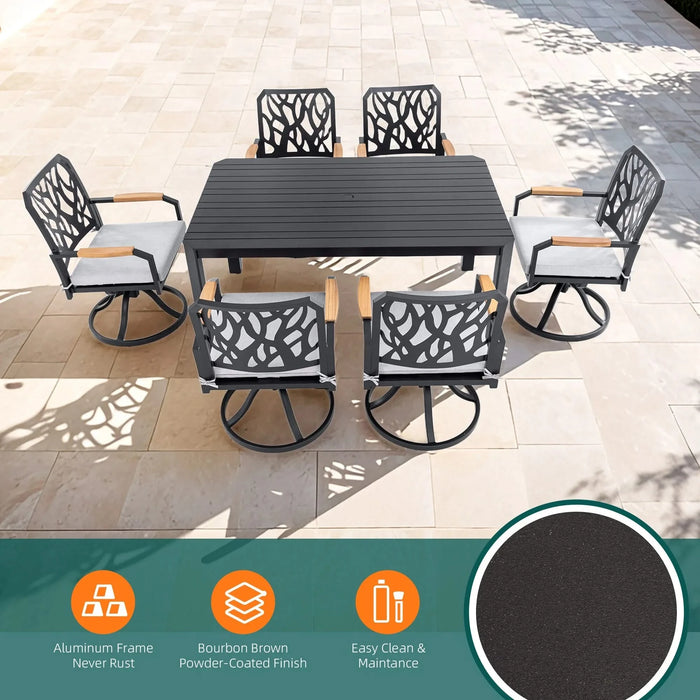 7-PC Outdoor Patio Aluminum Furniture Set, Modern Dining Set with 6 Swivel Rockers Sunbrella Fabric Cushioned, Nature-Inspired Branch-Like Backrest, Rectangular Table with Umbrella Hole, Bourbon Brown Default -DTYStore