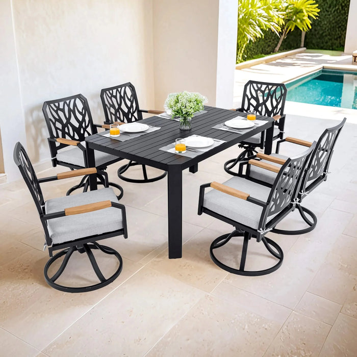 7-PC Outdoor Patio Aluminum Furniture Set, Modern Dining Set with 6 Swivel Rockers Sunbrella Fabric Cushioned, Nature-Inspired Branch-Like Backrest, Rectangular Table with Umbrella Hole, Bourbon Brown Default -DTYStore
