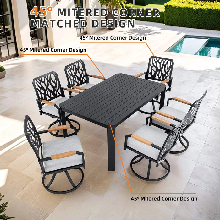 7-PC Outdoor Patio Aluminum Furniture Set, Modern Dining Set with 6 Swivel Rockers Sunbrella Fabric Cushioned, Nature-Inspired Branch-Like Backrest, Rectangular Table with Umbrella Hole, Bourbon Brown Default -DTYStore