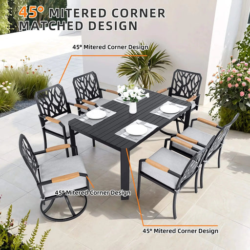 7-PC Outdoor Patio Aluminum Furniture Set, with 4 Dining Chairs & 2 Swivel Rockers Sunbrella Fabric Cushioned, Nature-Inspired Branch-Like Backrest, Rectangular Table with Umbrella Hole, Bourbon Brown Default -DTYStore
